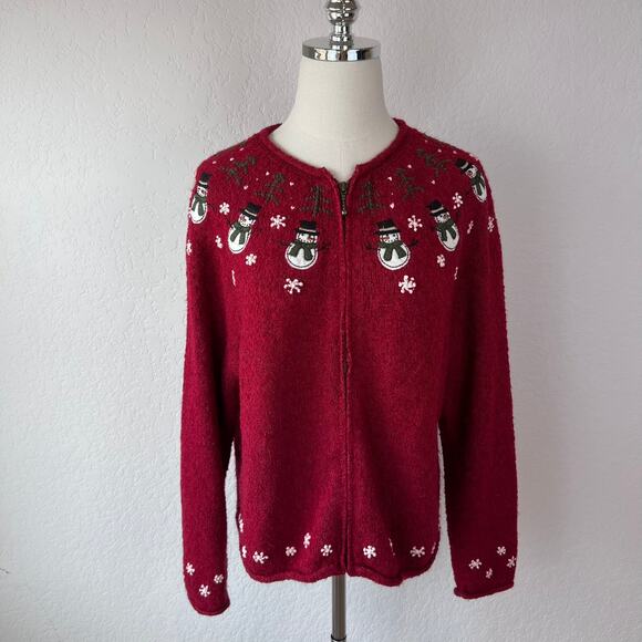 Vintage Y2K Silk & Wool Blend Zip Up Christmas Sweater Snowmen Red size PL - Picture 5 of 11
